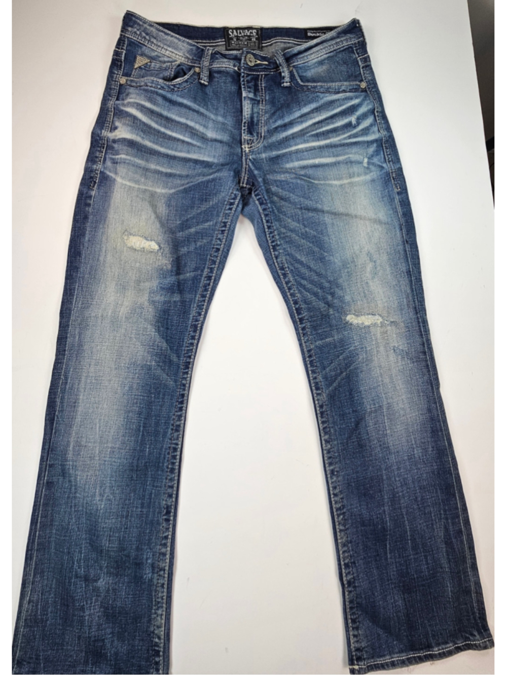 Salvage Mayhem Jeans Mens 33R Bootcut Buckle Y2K Distressed Thick Stitch Denim
